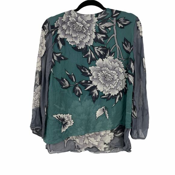 Citron Blouse Womens Size Medium Green Silk Floral V-Neck Button Santa Monica - Picture 2 of 9